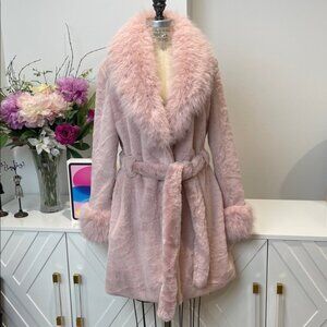 NWT Glam Elegant Light Pink Faux Fur Midi Coat with Belt